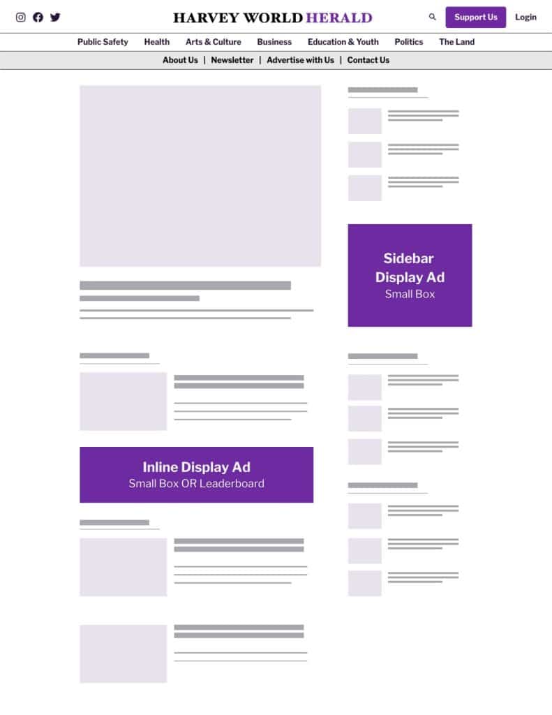 Mockup of The Harvey World Herald's website, showing the two display advertising placements, sidebar and inline.