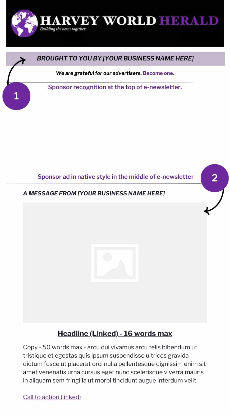 Mockup of The Renaissance Letter, showing the two places a presenting sponsor is recognized in a newsletter issue.